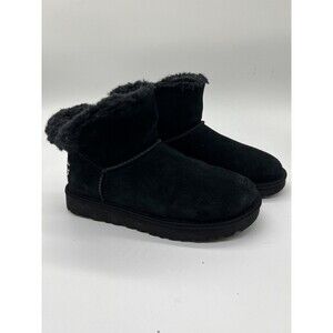 UGG Boots Womens Size 7 Black Suede Shearling Ankle Booties Rhinestone Logo